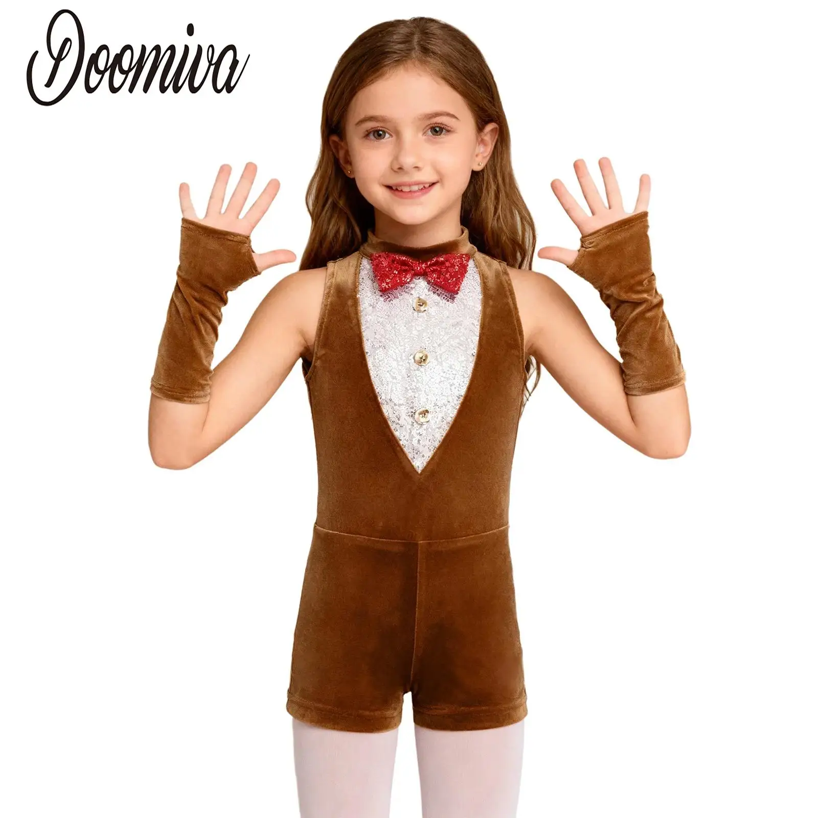 

Girls Boys Christmas Reindeer Jumpsuit Costume Xmas Cosplay Sleeveless Bow Tie Zipper Sequins Bodysuit with Oversleeves