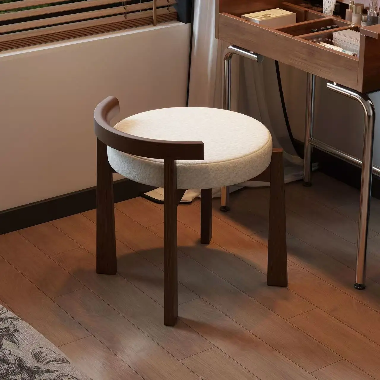 

With Lambswool Soft Cushion For Bedroom And Dressing Room Use //Wabi-Sabi Style Modern Solid Wood Vanity Stool