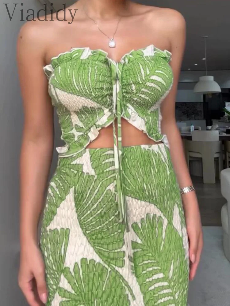 

Women's Sleeveless Print Ruched Shirred Frill Trim Bandeau Ruffle Mermaid Dress