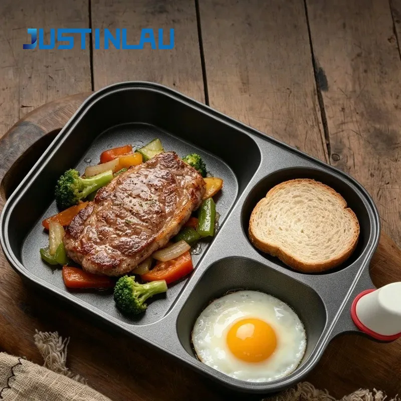 JUSTINLAU Three in One Titanium Coated Frying Pan Non Stick Steak Burger Frying Pan  Household Low Smoke Breakfast Frying Pan