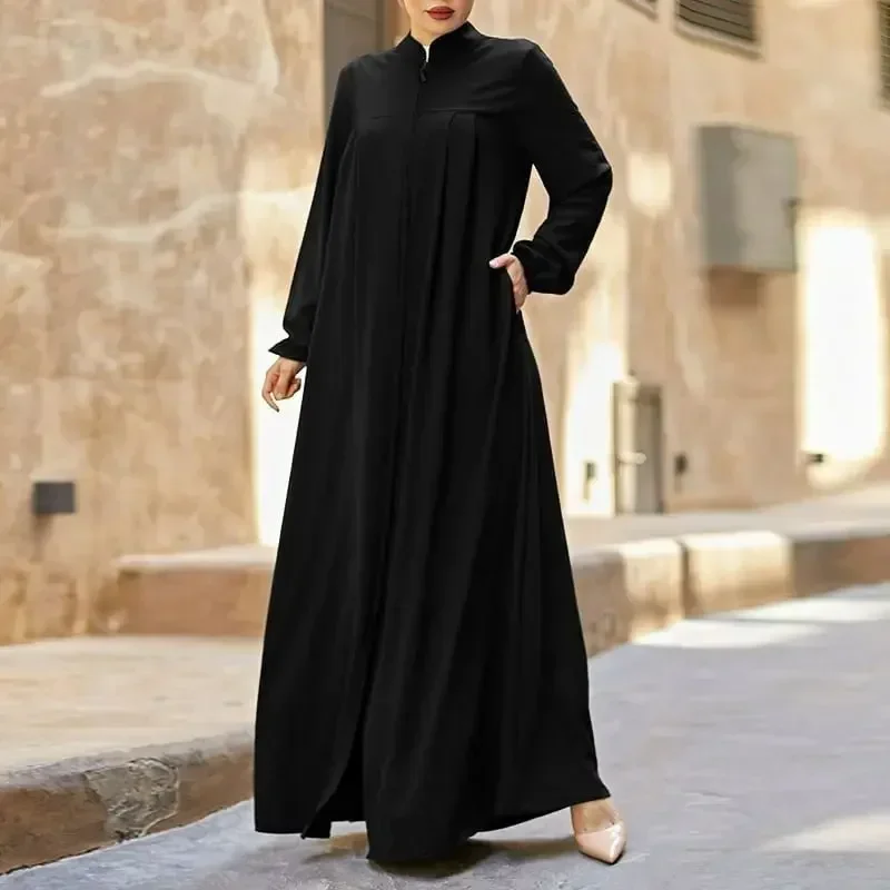 Ramadan Eid Abayas for Women Muslim Abaya with Zipper Front Dubai Jalabiya Dress Bubble Sleeve Casual Stand Collar Kaftan Dresse