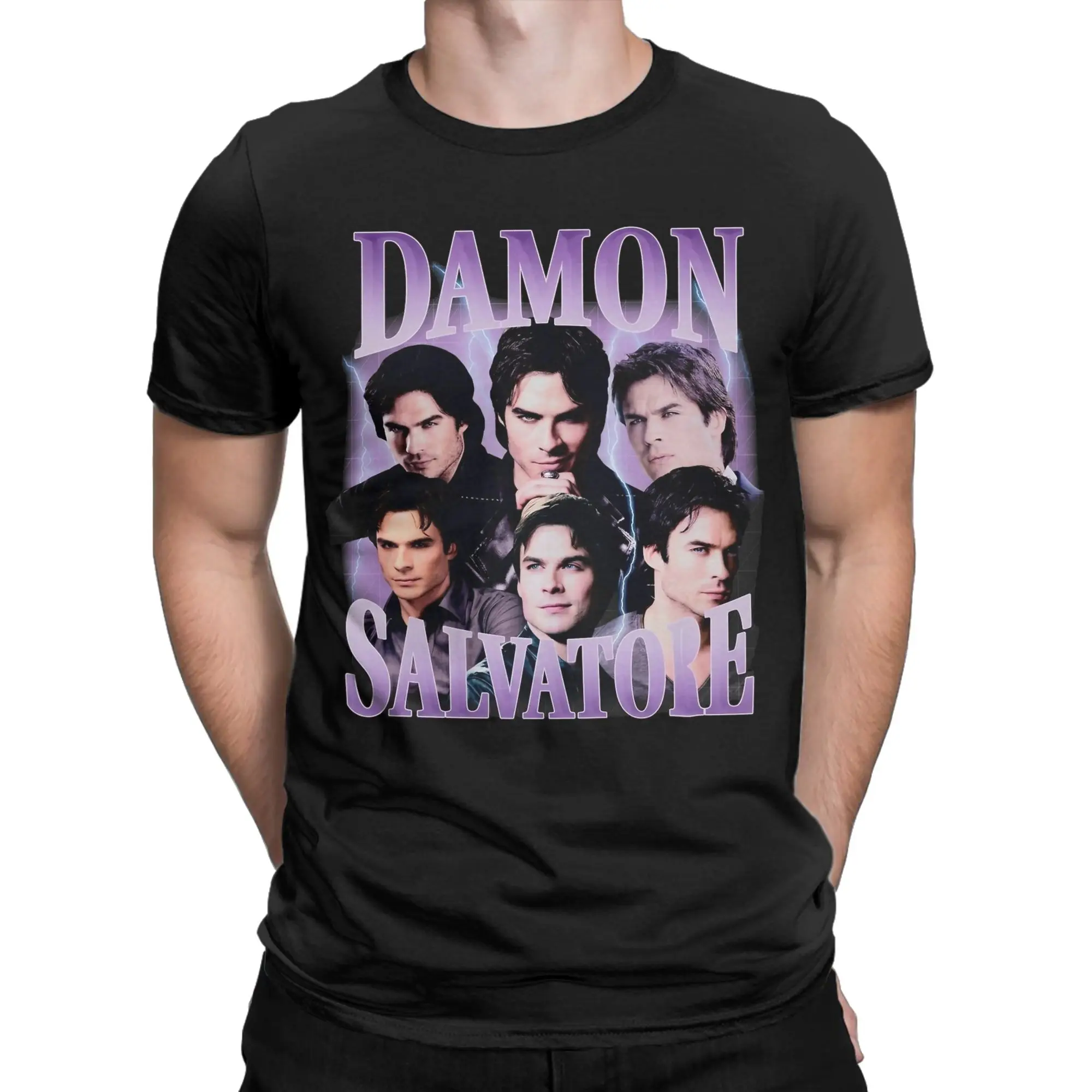 Damon Salvatore 90s Vampire Diaries T-Shirts Men  Vintage Cotton Tee Shirt Round Collar Short Sleeve T Shirts Big Size Clothes