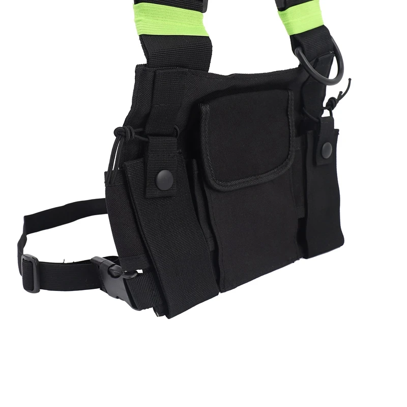 2X Radios Pocket Radio Chest Harness Chest Front Pack Pouch Holster Vest Rig Carry Case For Baofeng UV-5R Black+Green