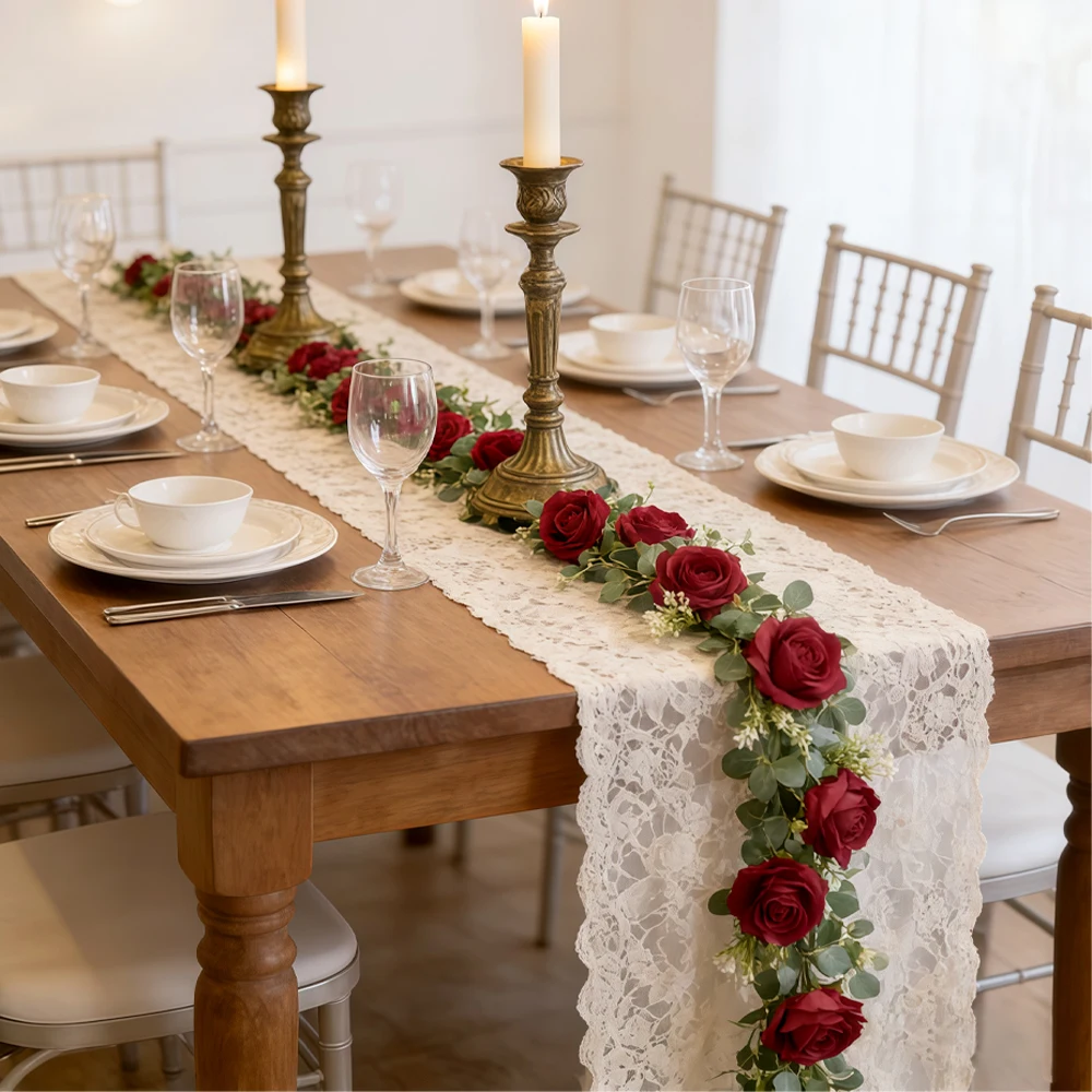 

Artificial Rose Garland with Eucalyptus Leaves & Berries, Fake Flower Vine for Wedding Arch, Staircase, Table and Party Decorati