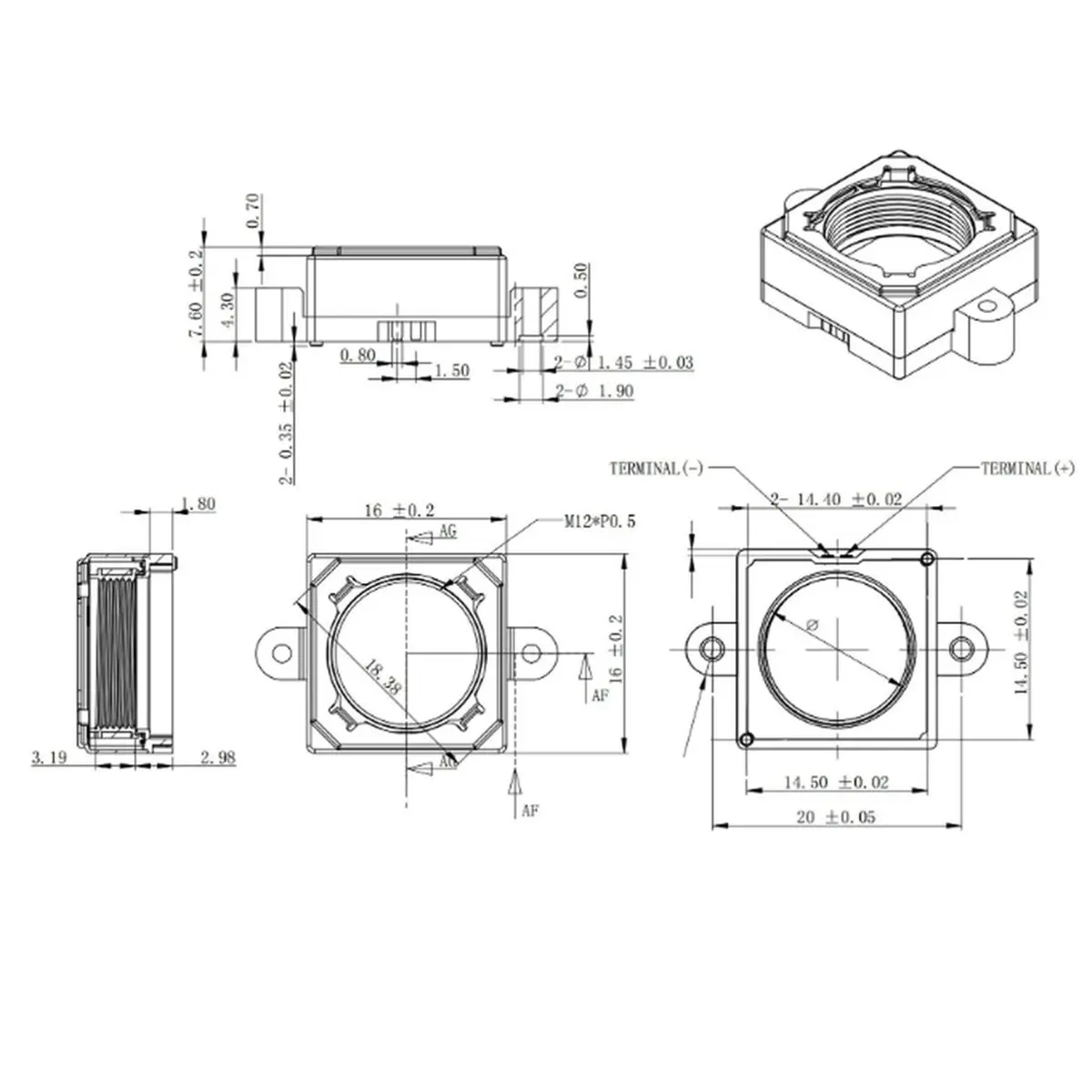 A14M Industrial Camera Lens Holder for Lens Holder Auto Focus VCM Motor Driver Bolt‌ Hole Distance 20mm