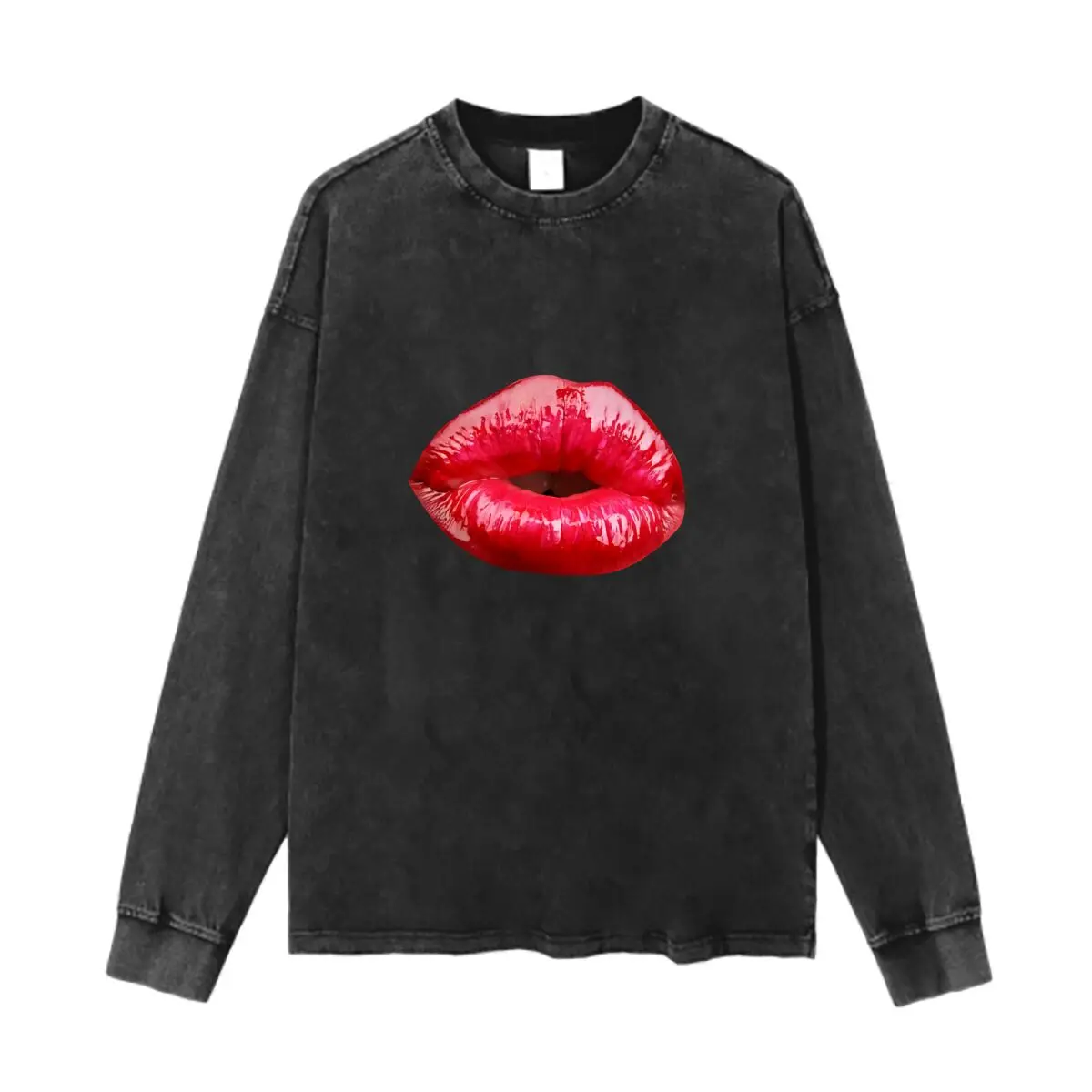 Glossy Red Lips Art Washed Vintage Long Sleeves Cotton Tee Shirt Solid O Collared For Men's And Women's