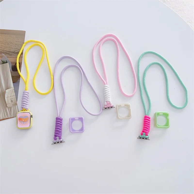 Cordão de náilon colar pingente para apple watch 49mm 45mm 44 42 40 41 para iwatch série ultra2 9 8 7 6 se pulseira de substituição + caso