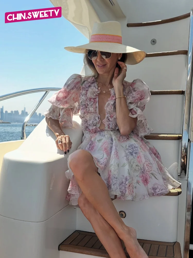 

Flower Printed Waist Hugging Mini Dress Women Elegant V Neck Short Puff Sleeve Gauze A-line Vestido 2025 Chic Lady Vacation Robe
