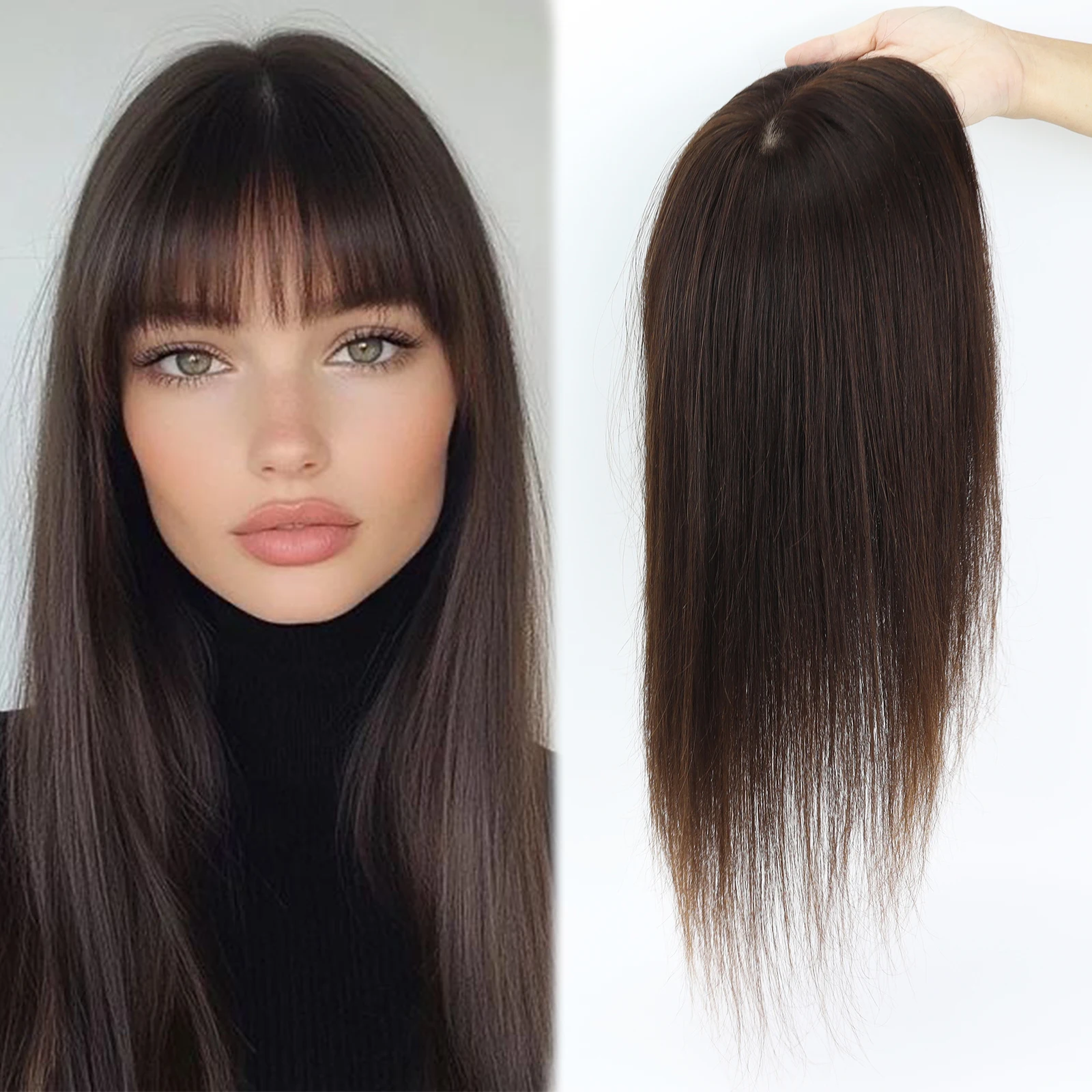 بني داكن 150% كثافة الشعر البشري توبر مع الانفجارات الحرير الجلد قاعدة الشعر المستعار مع مقاطع في 15x16 سنتيمتر غطاء قاعدة الحرير للنساء