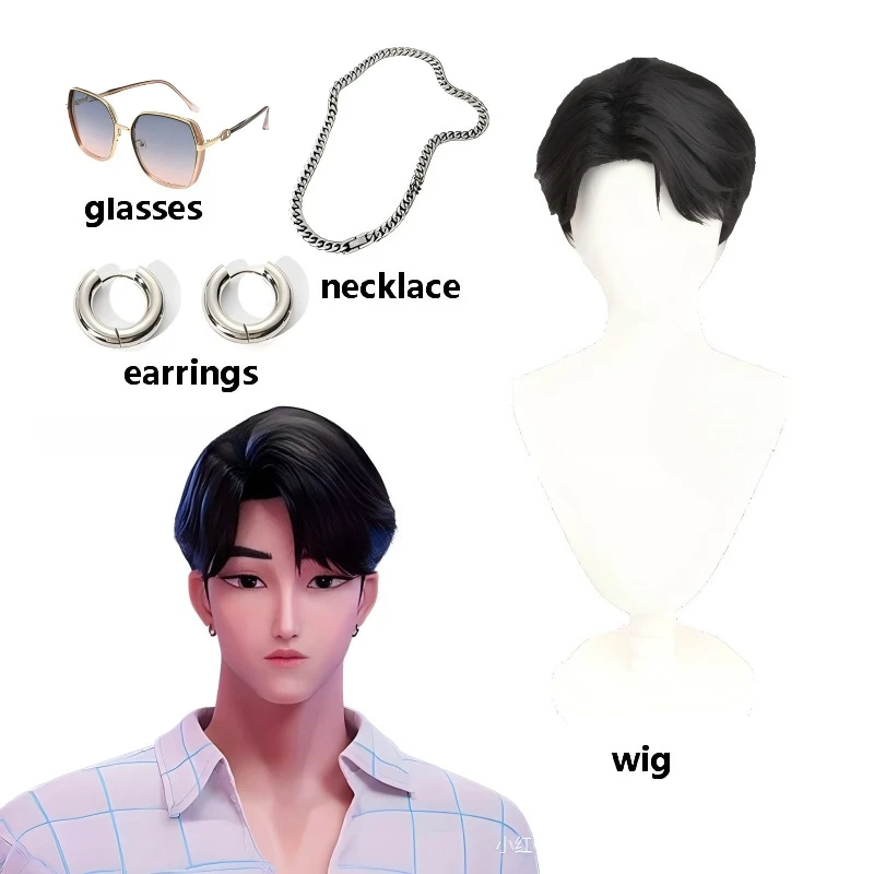 

KPop Demon Hunters Jinu Cosplay Wig Sajaboys Dress Up Costume Accessories Anime Movie Role Play Sunglasses Man Necklace Earrings