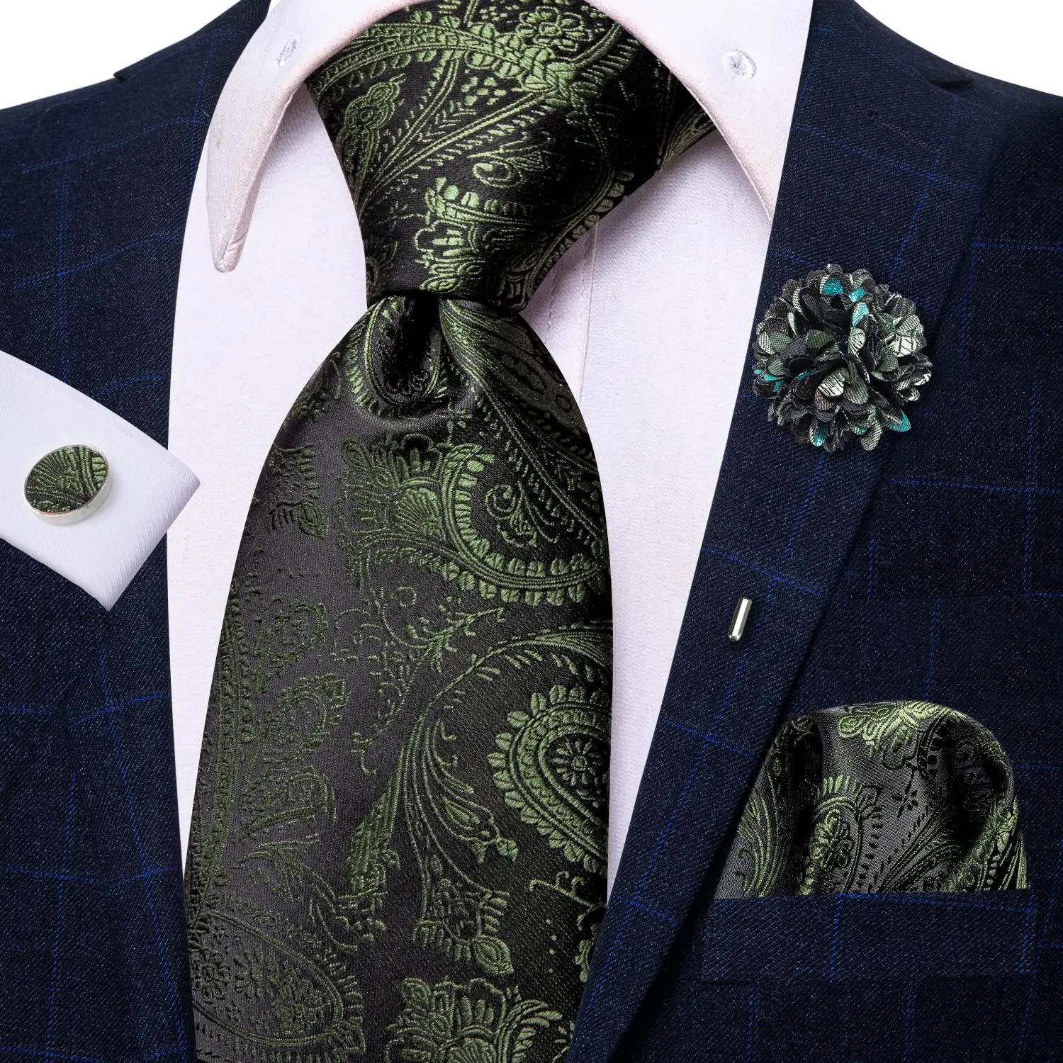 

2023 New Paisley Dark Green Silk Business Tie Hi-Tie Designer Men Necktie Luxury 8.5cm Hanky Cufflink Brooch Wedding Tie For Men