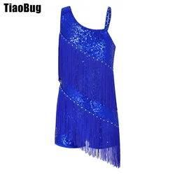 Kids Girls Tassels Dance Leotards Shiny Sequins Sleeveless Shorts Oblique Shoulder Rhinestone Decorated Outlook Bottom Latin