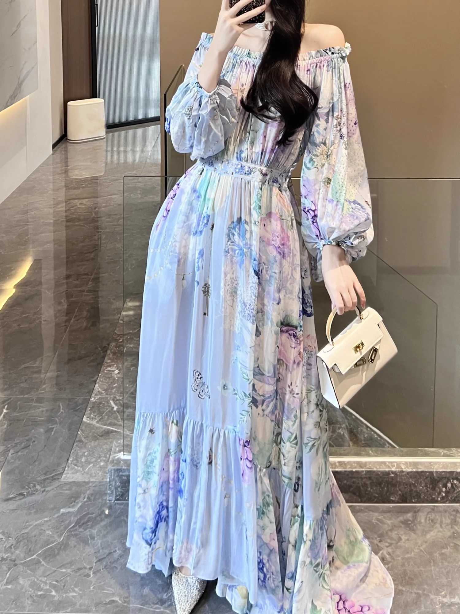

Female 100% Silk Maxi Dress Blue Flower Print Crystal Beaded Slash Neck Long Sleeve Holiday Ladies Robe