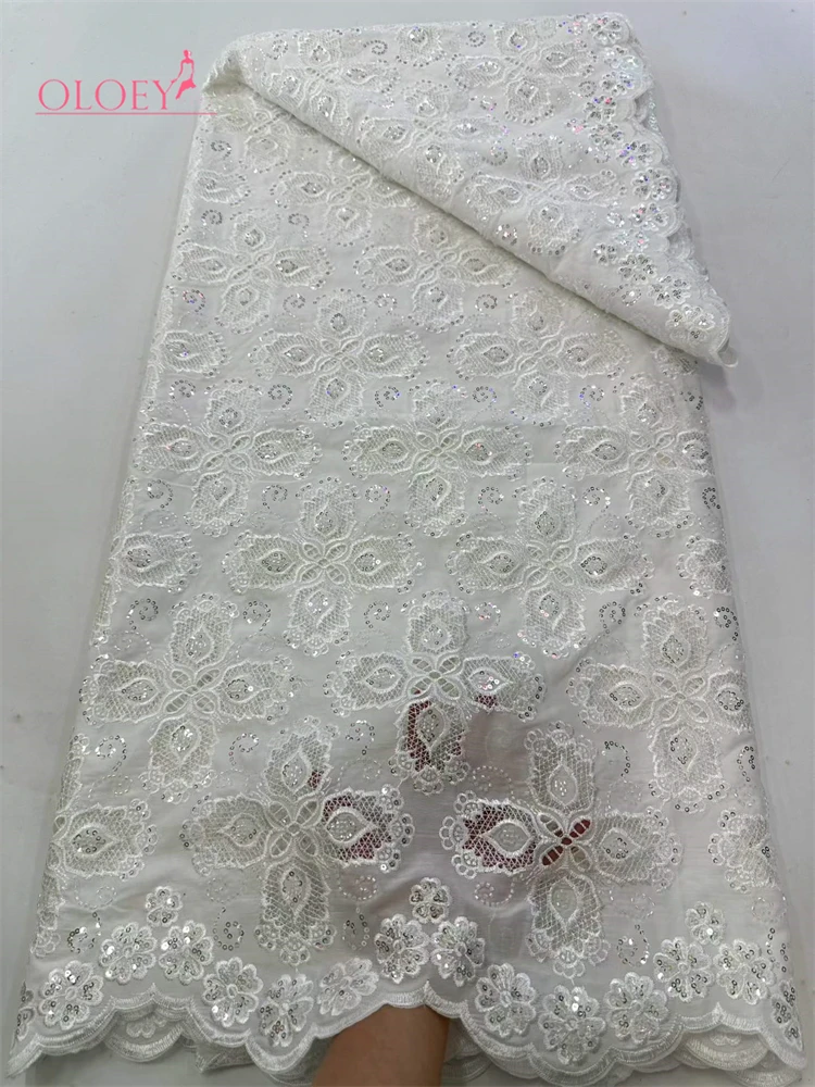

OLOEY African Lace Fabric 2026 High Quality Cotton Embroidery Rhinestone Linen Prom Dresses Tulle Design by the Meter