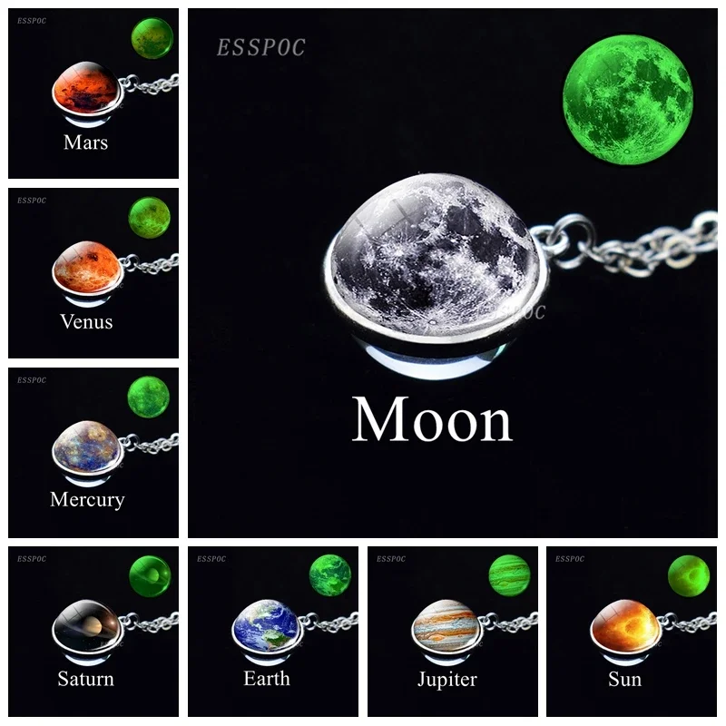 Solar System Pendant Necklace for Women Jewelry Art Picture Collares Para Mujer Double Side Glass Ball Necklace Femme Accessory