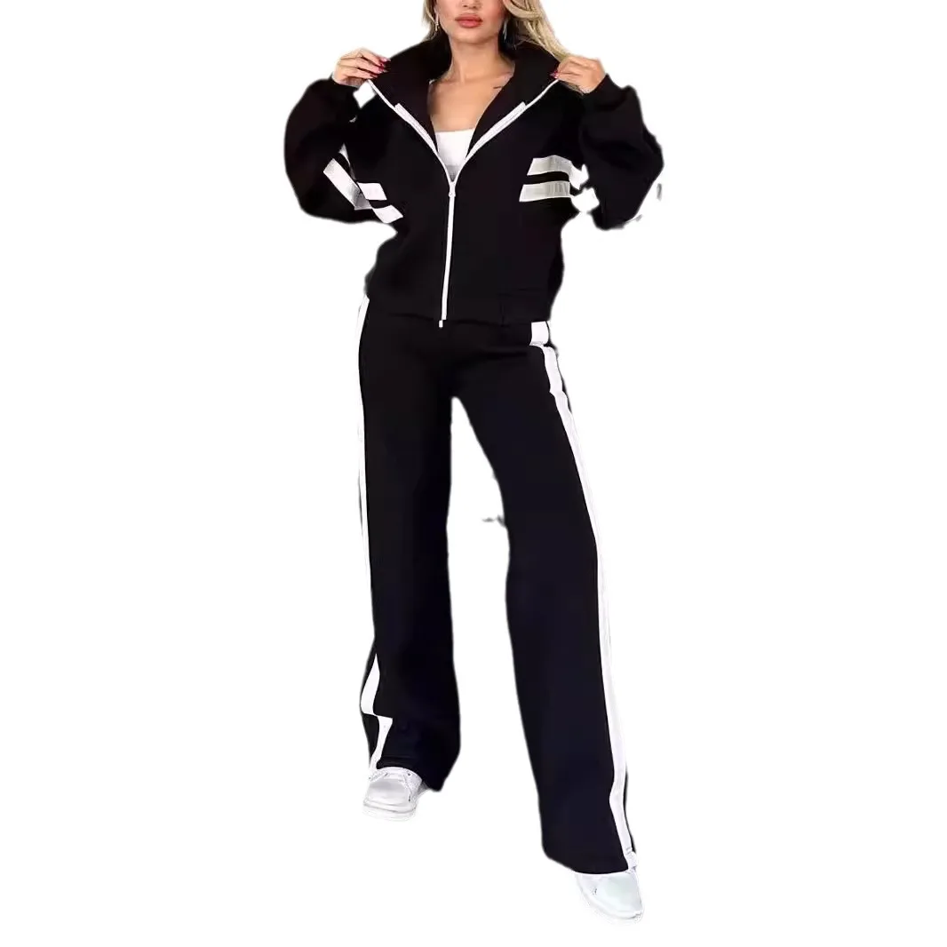 Y2K Striped Zipper Coat+sweatpants Two Piece Set Women Casual Batwing Sleeve Sports Jacket Outfits Autumn Winter Sweatshirt Suit