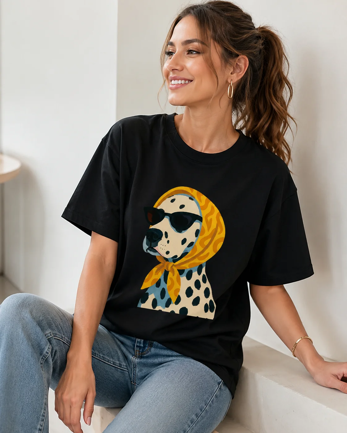 2026 Summer Retro Women's Dalmatian Printed T-shirt Neutral Cotton Breathable Short Sleeve Extra Large Loose Casual