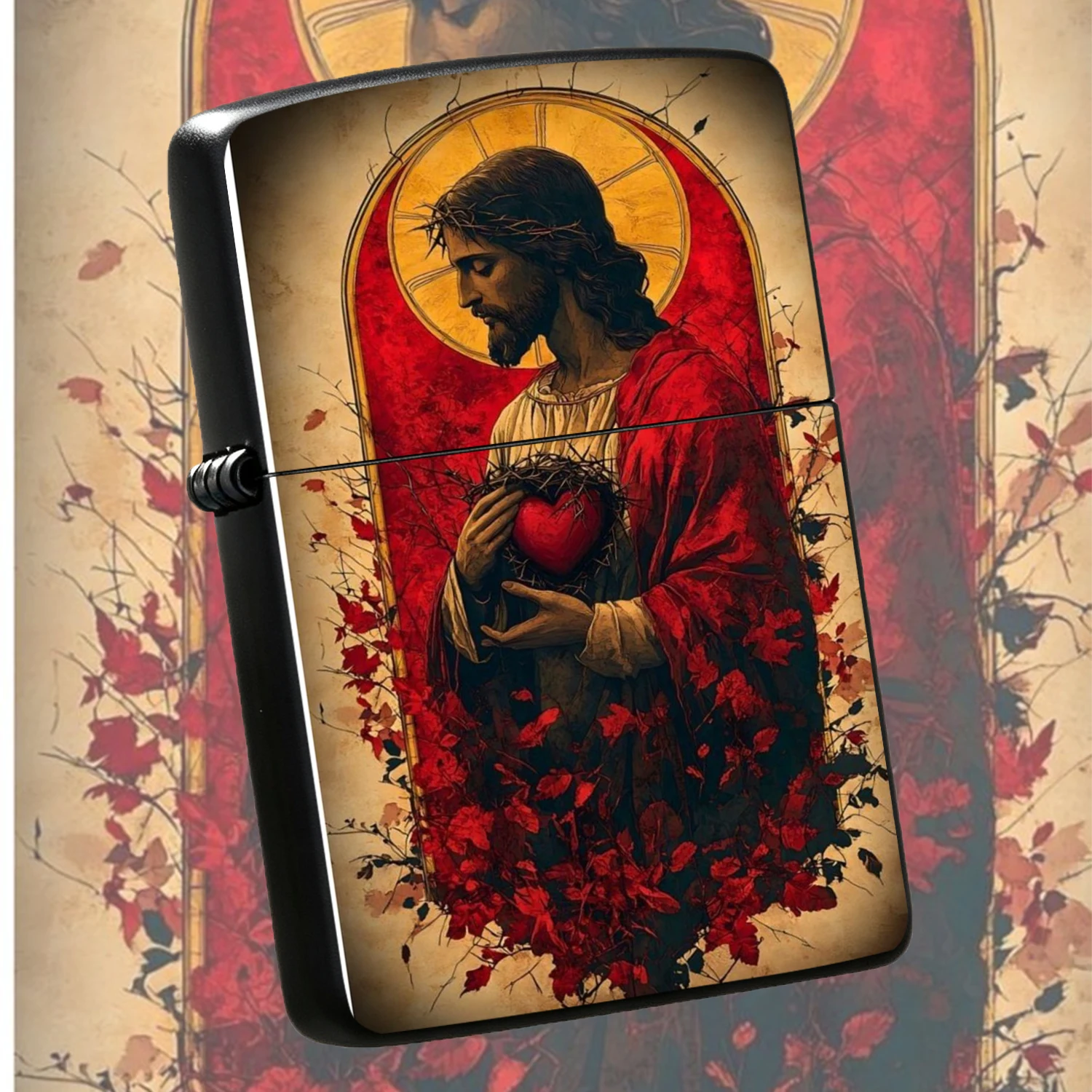 Vintage Sacred Heart Of Jesus Themed Retro Distressed Art Crown Of Thorns Red Religious Style Portable Igniter Men Unique Collectible Gift For Daily Use A Fun And Humorous Lighter