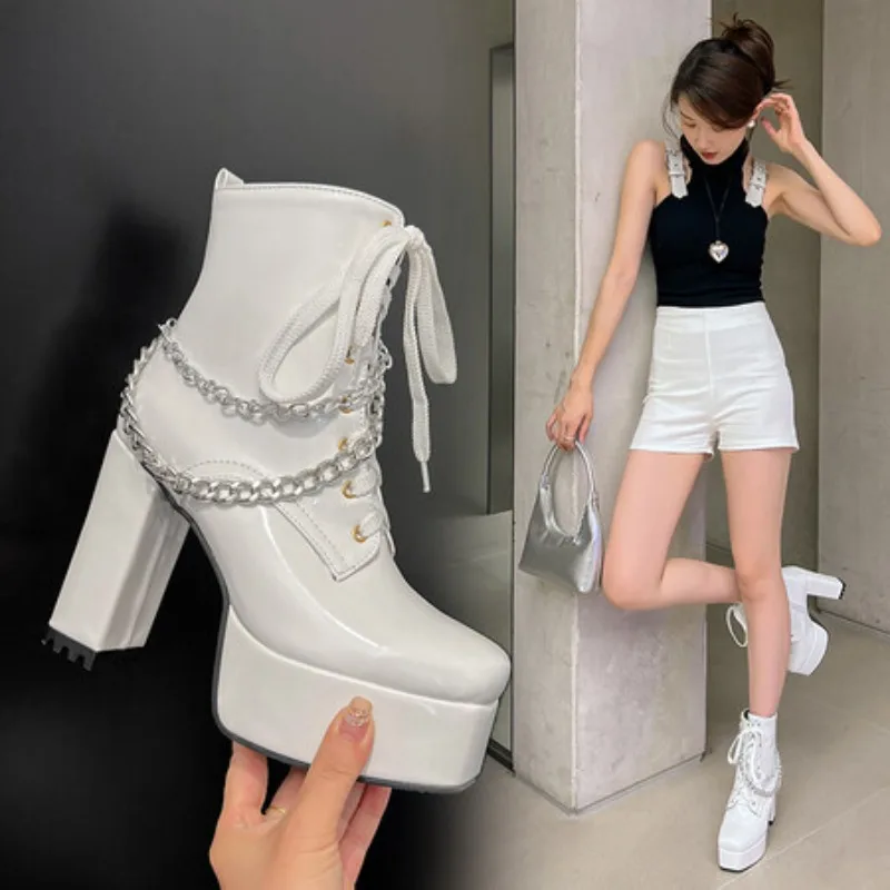 

Platform Ankle Boots for Women Black White Pink Short Boot Block Heels Party Fetish Shoes Lady Big Size 45 New 2025 Winter