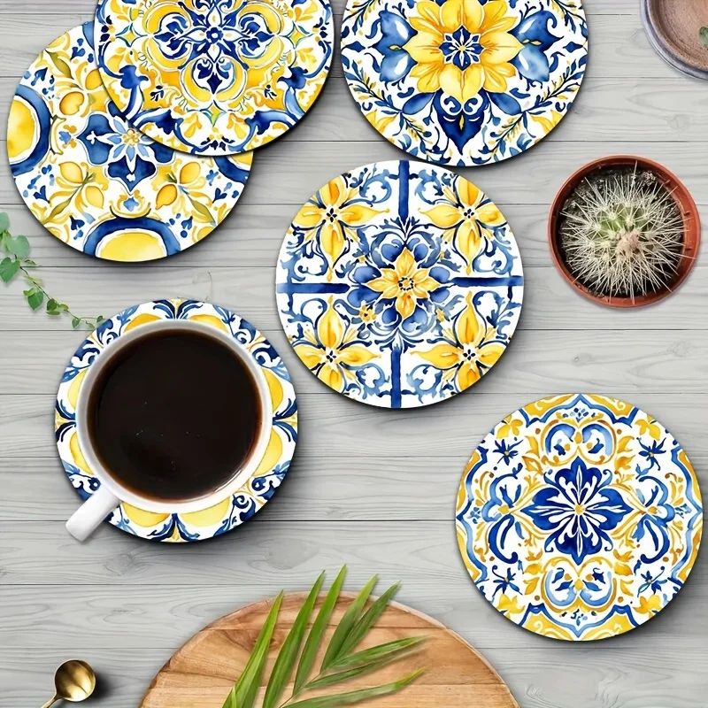 2D Mediterranean Watercolor Lemon 8PCS  Wooden Coaster Set Car Cup Mat Tea Cup Mat Coffee Beverage Dining Housewarming Gifts