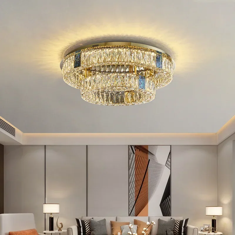 Modern Living Room Crystal LED Ceiling Lamp Bedroom Kitchen Island Fixtures Stainless Steel Round Chrome Art Ceiling Chandelier