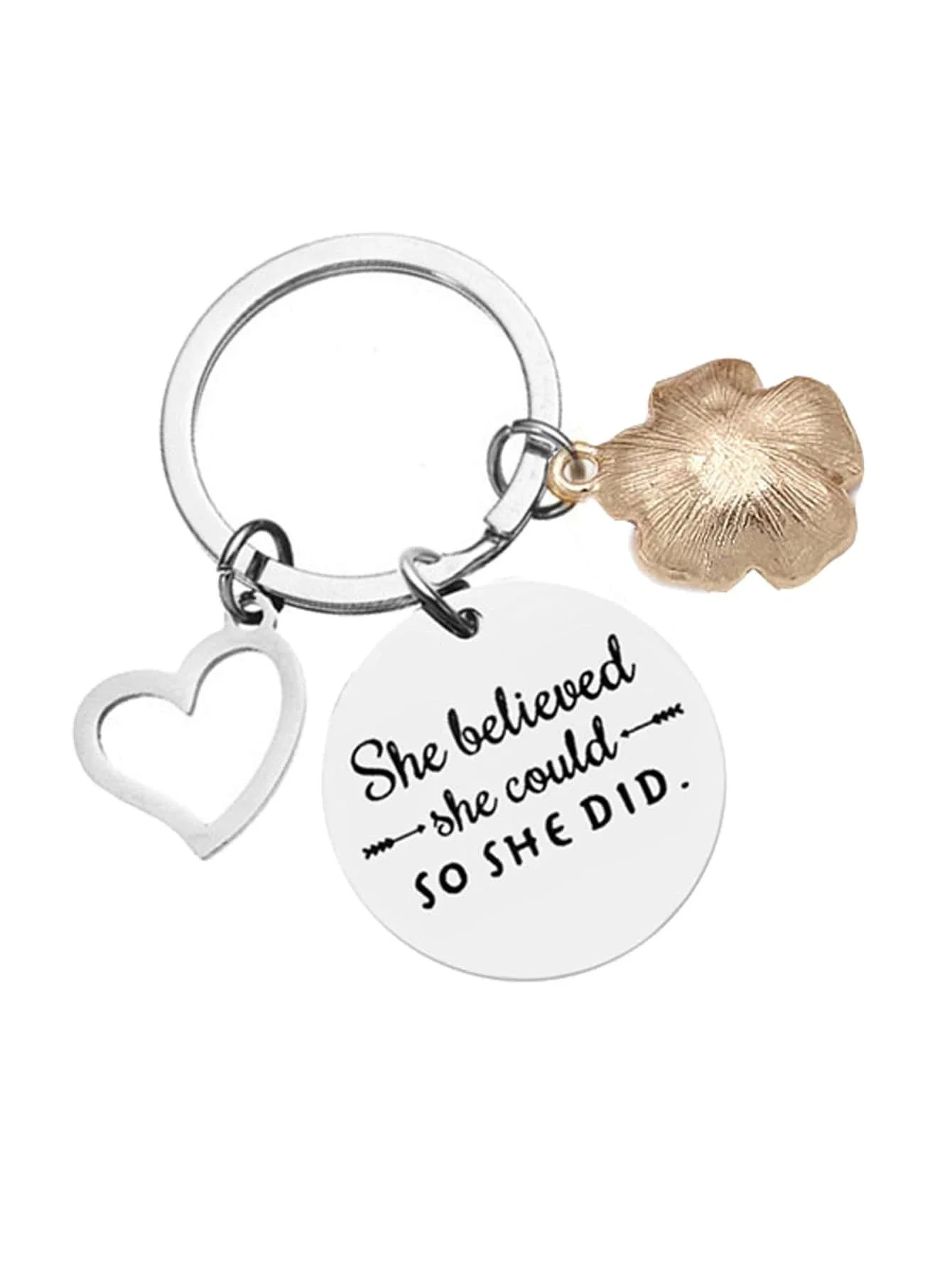 Street Women's Inspirational Stainless Steel Keychain With Flower, Hollow Heart Shaped Pendant And Carved Phrase 'she Believe Sh