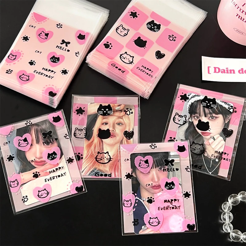 귀여운 만화 고양이 자체 접착 가방, 사진 작은 카드 보관 가방, 창의적인 선물 포장 가방, 베이킹 캔디 포장 가방, 50 개