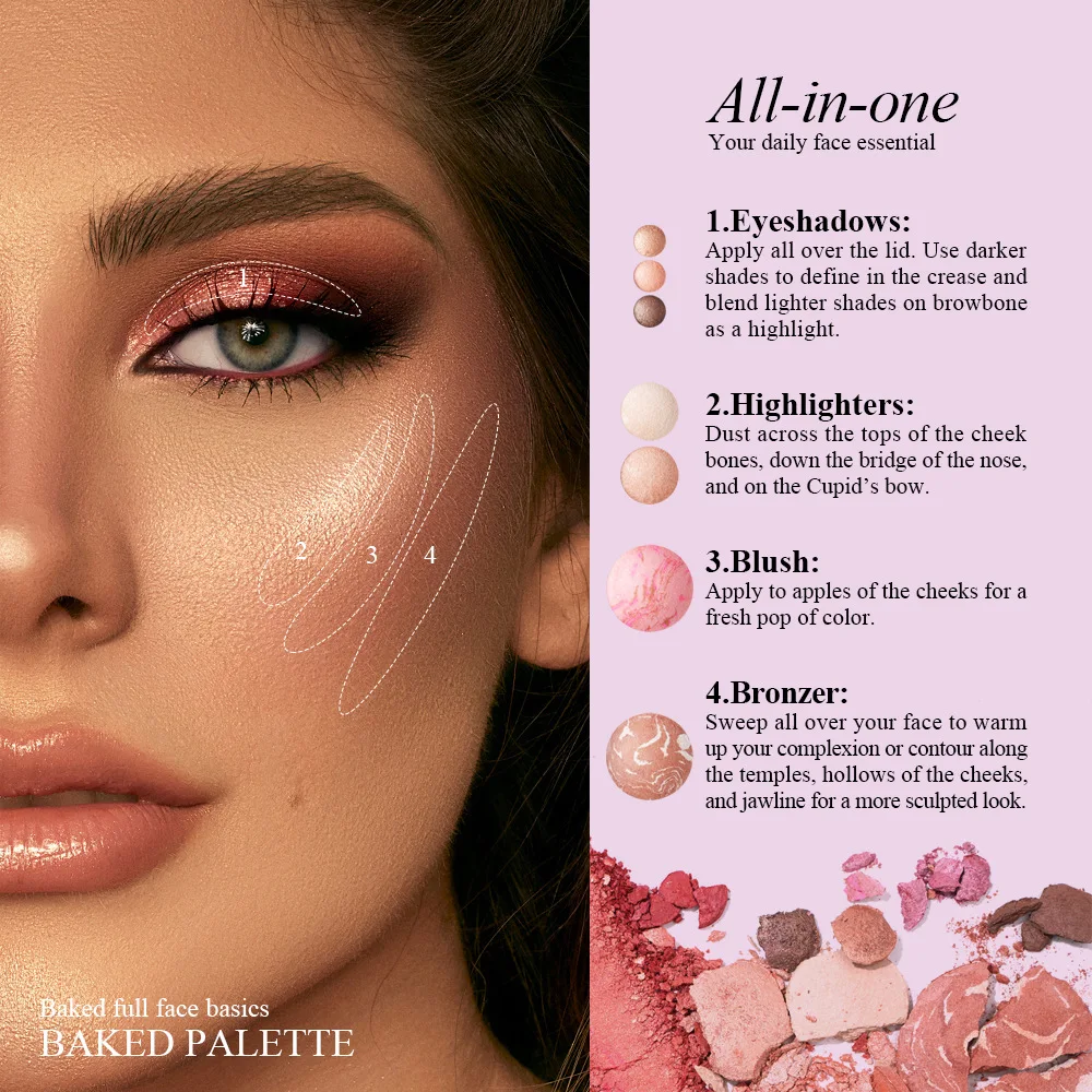 Paleta de maquillaje facial 4 en 1: base, rubor, sombra de ojos y resaltador, acabados mate y brillante, juego de regalo portátil para rostro completo