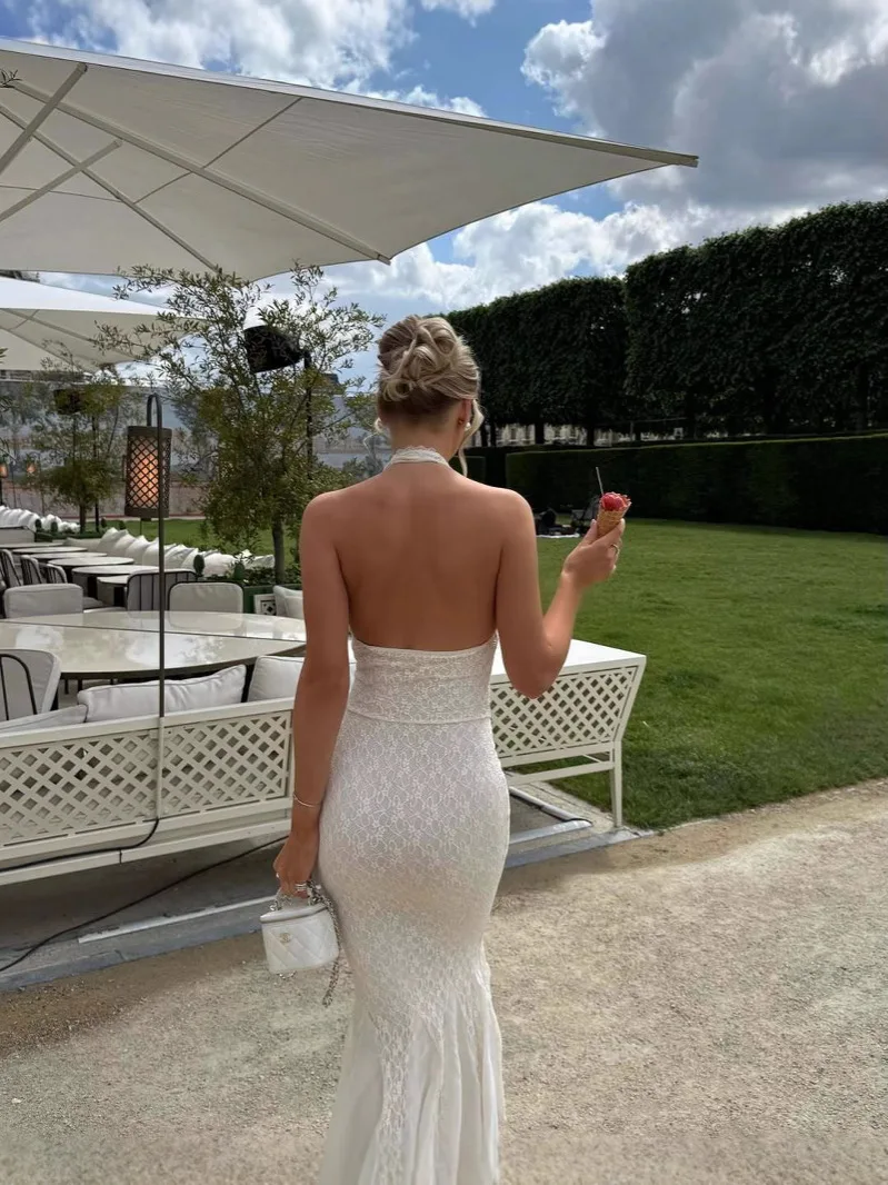 Vestido largo calado con tirantes y cuello colgante, sexy, sin espalda, estilo Retro europeo americano, estético de encaje de verano