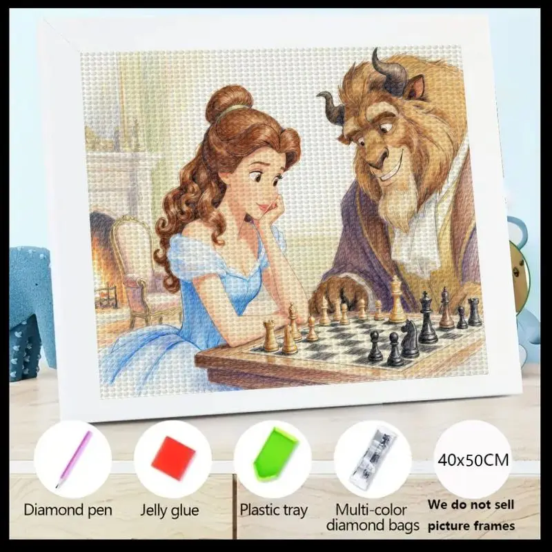 

1 шт. Disney Beauty and the Beast Diamond Painting Kit, 5D Belle & Beast Playing Chess Full Drill Rhinestone Gem Art, DIY Crystal