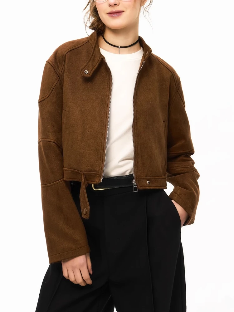Women's Retro Suede Cropped Bomber Jacket Spring Autumn New Flight Style Casual Jacket Top, Soft Faux Suede Outerwear