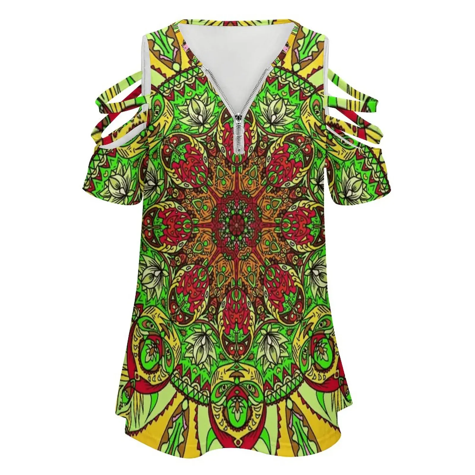Trippy Mandala Face-Yellow Women Zipper Various styles Printed T Shirts Tops Full Print T-Shirt Mandala Mandala Art Mandala