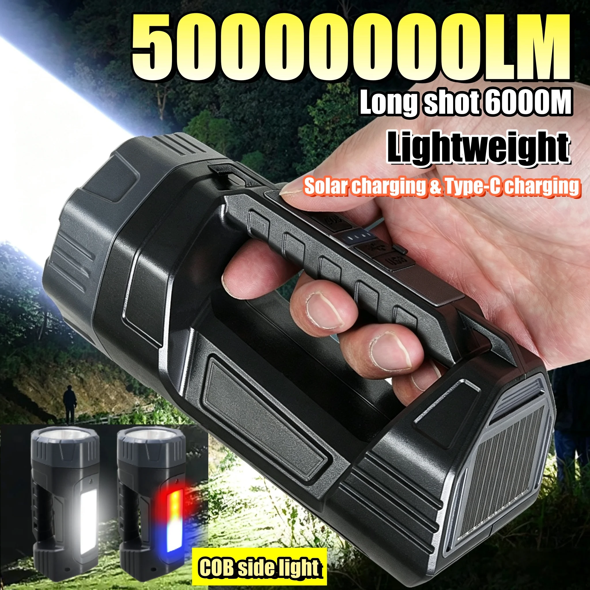 Portable Handheld Solar-Powered Flashlight 50000000LM Spotlight Rechargeable Torch Long Battery Life Outdoor Waterproof Lantern