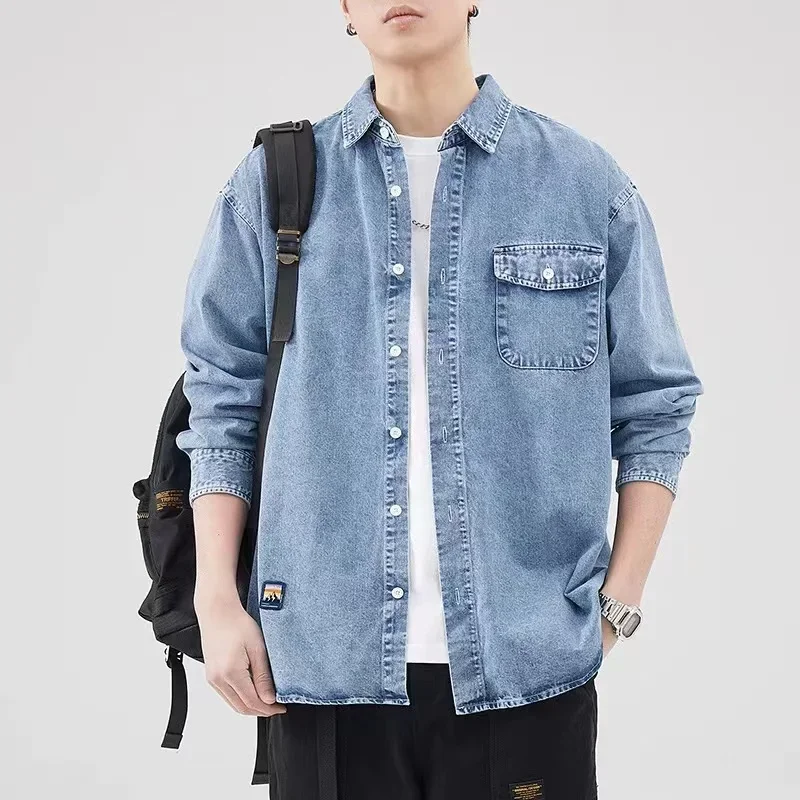 الصناعة الثقيلة غسلها الدنيم سترة الرجال الربيع والخريف جديد عصري العلامة التجارية وسيم الأدوات سترة فضفاضة الرجعية الدنيم قميص