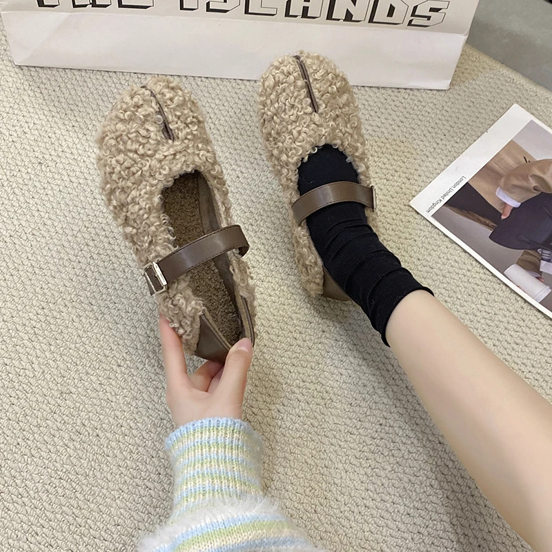 Shoes Woman Flats Loafers Fur Round Toe Autumn Casual  Dress Moccasin Fall Winter Leisure Buckle  Flock Rubb