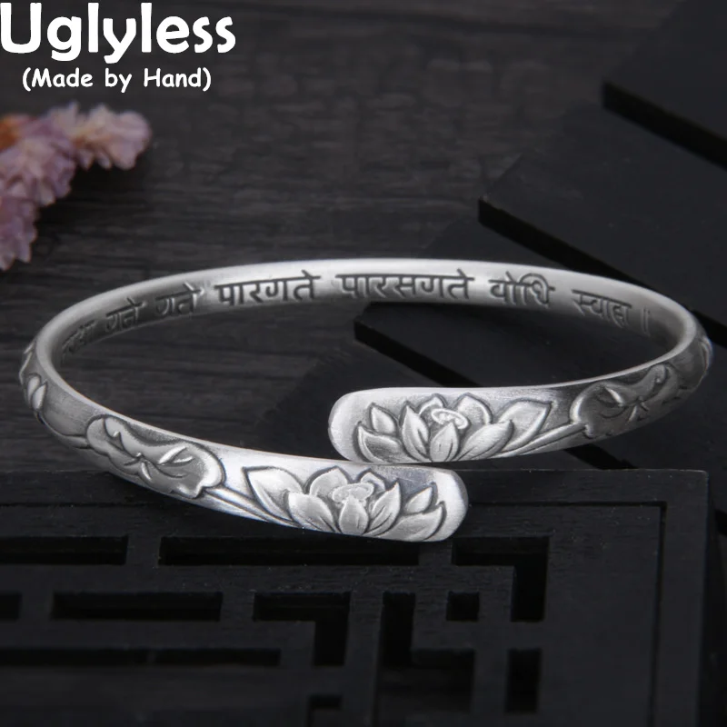 

Uglyless Double-side Carved Lotus Bangles for Women Four-heart Clover Bangles Real 999 Pure Silver China Chic Jewelry Flowers