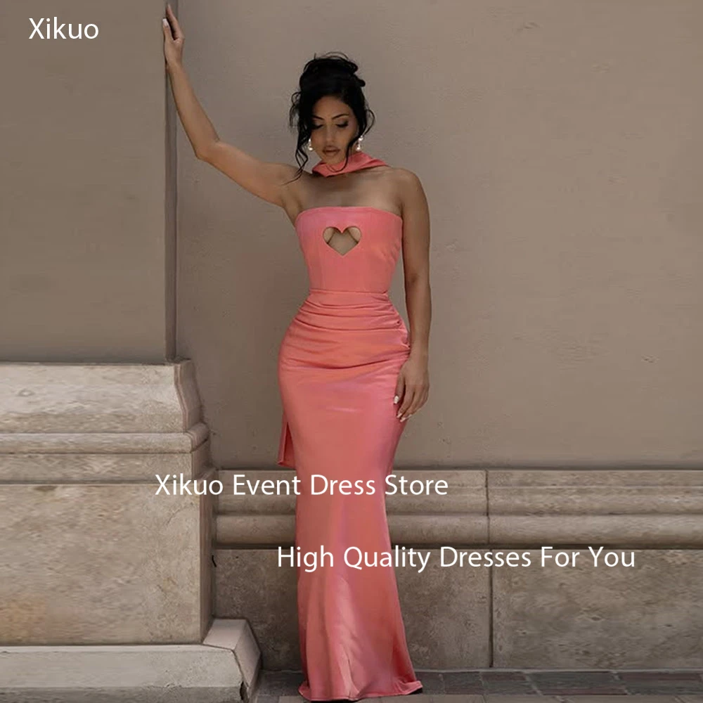 

Xikuo Graceful Satin Prom Party Gowns Long Mermaid Strapless Evening Dresses Pleated Cut Out Cocatail Evening Dress Customized