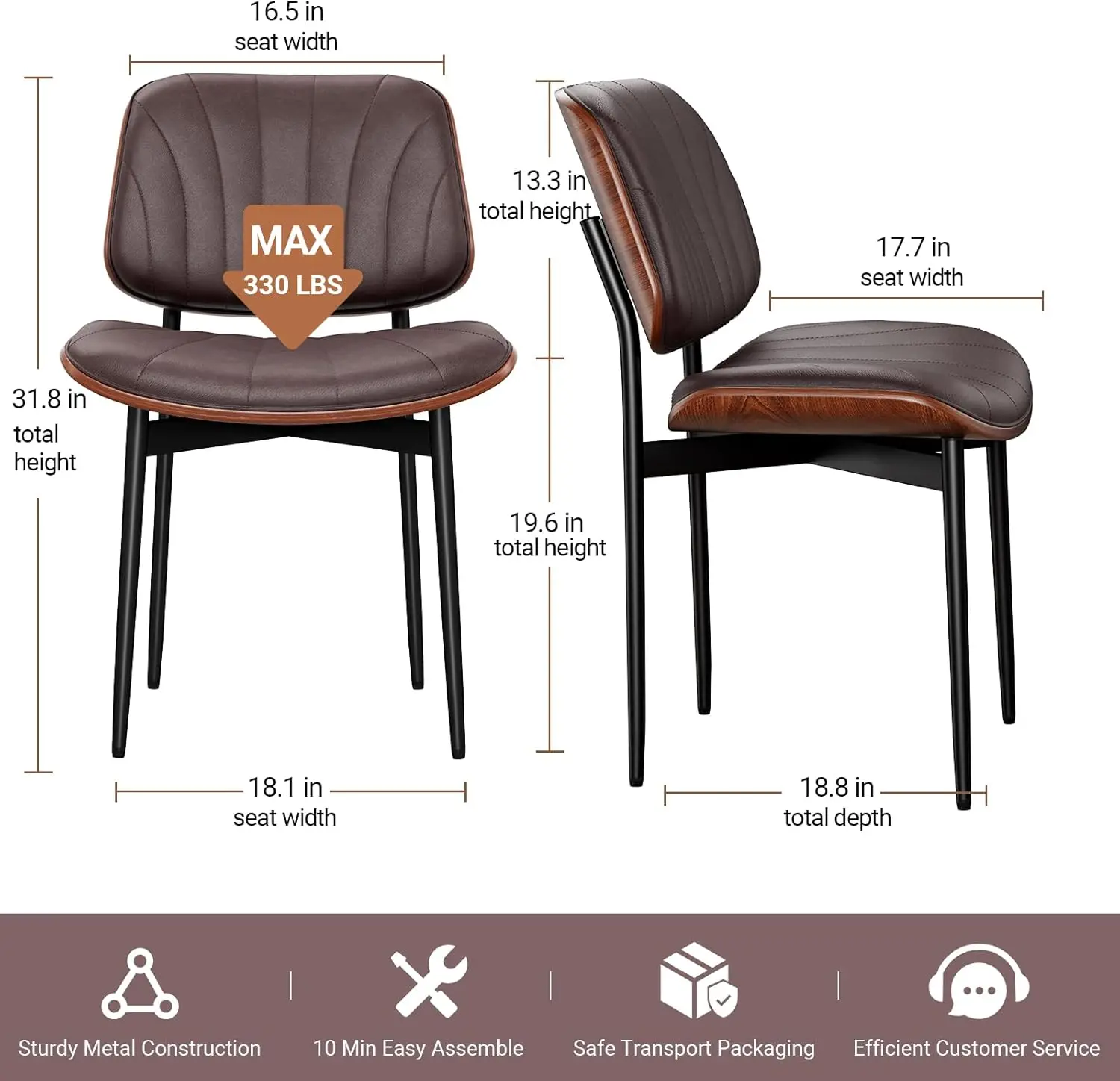 Dining Chair Set of 4 Mid-century Modern Upholstered PU Leather Chairs Walnut Backrest and Metal Legs Adjustable Feet Dark Brown