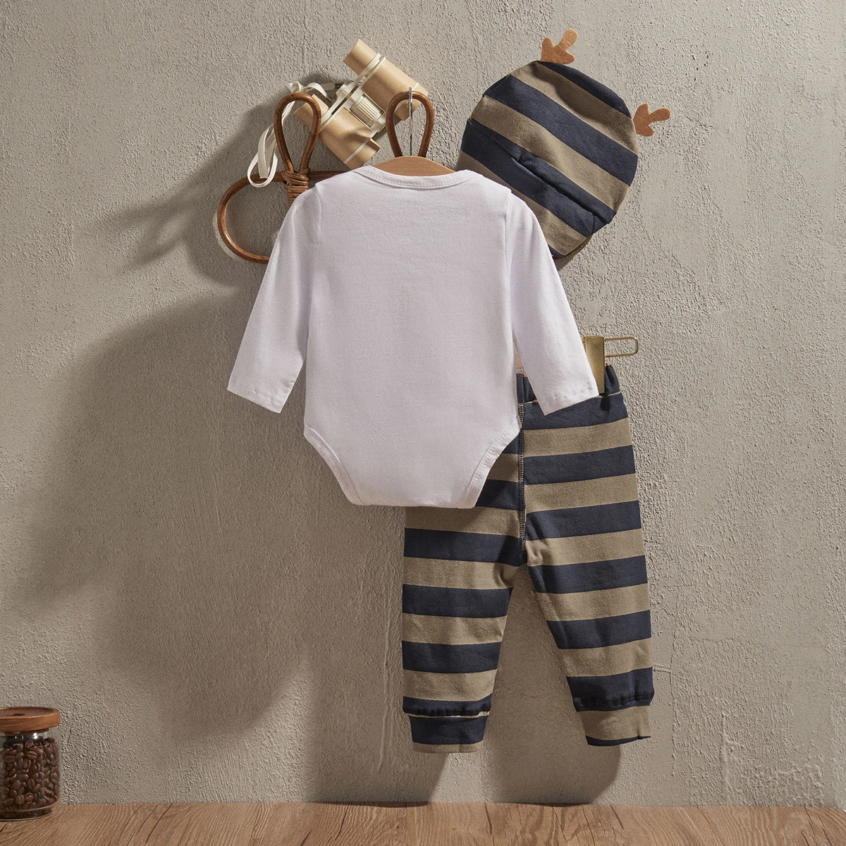 EWODOS Baby Boy´s Autumn Outfit Sets Long Sleeve Xmas Little Moose Print Romper + Stripe Long Pant + Stripe Hat Set for Children