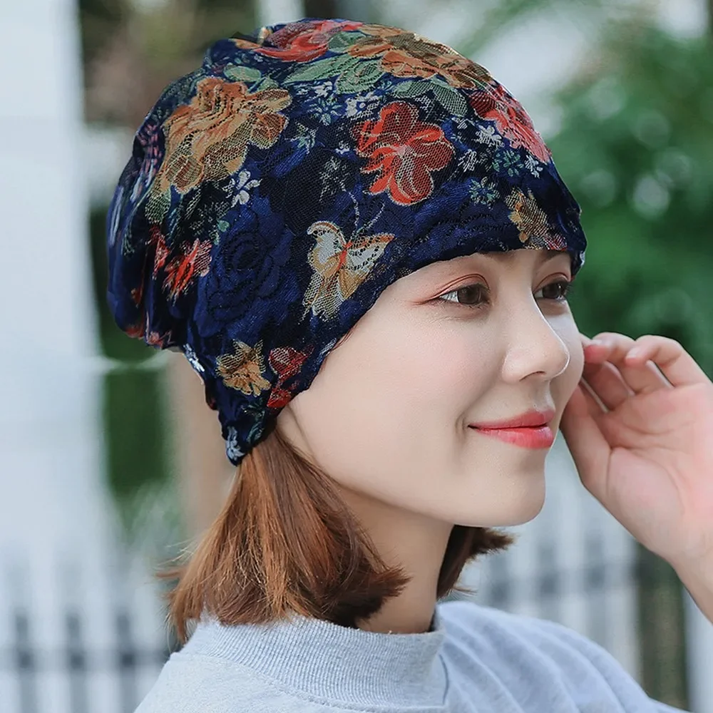

Spring Autumn Thin Women Skullies Beanies Lady Fashion Lace Design Hats For Girls Feminino Stretch Turban India Muslim Wrap