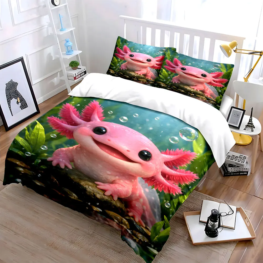 Cute pink axolotl on rock Bedding Set for Kids Luxury Gift 3pcs Digital Print Comforter Set Soft Comfortable Breathable