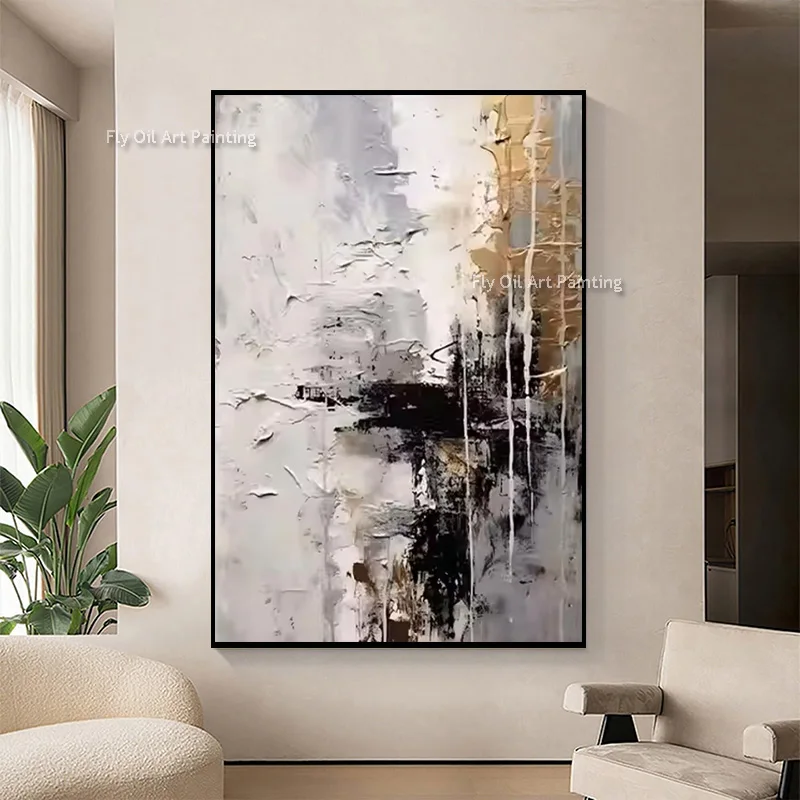 Abstract City Reflection Oil Painting Hand Painted Grey White Gold Abstract Canvas Wall Art Neutral Vertical Art For Decoration