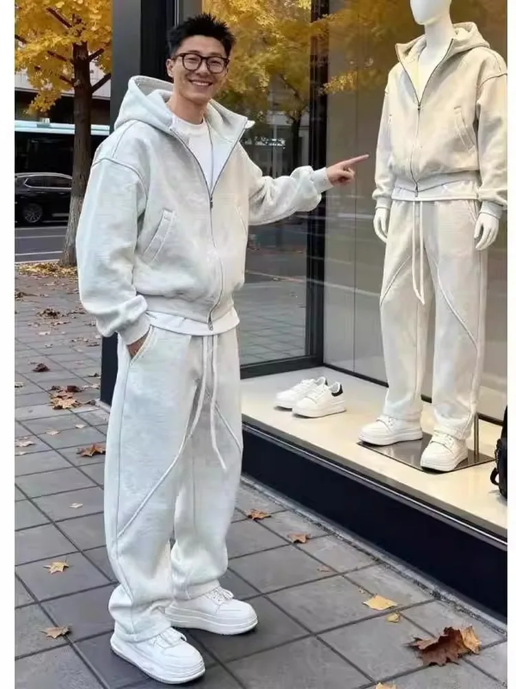 

Men's Large Size 300 Pou Casual Sportswear Set Heavyweight Fce Sweatirt Pants Two-Piece Set Autumn Winter Polyester
