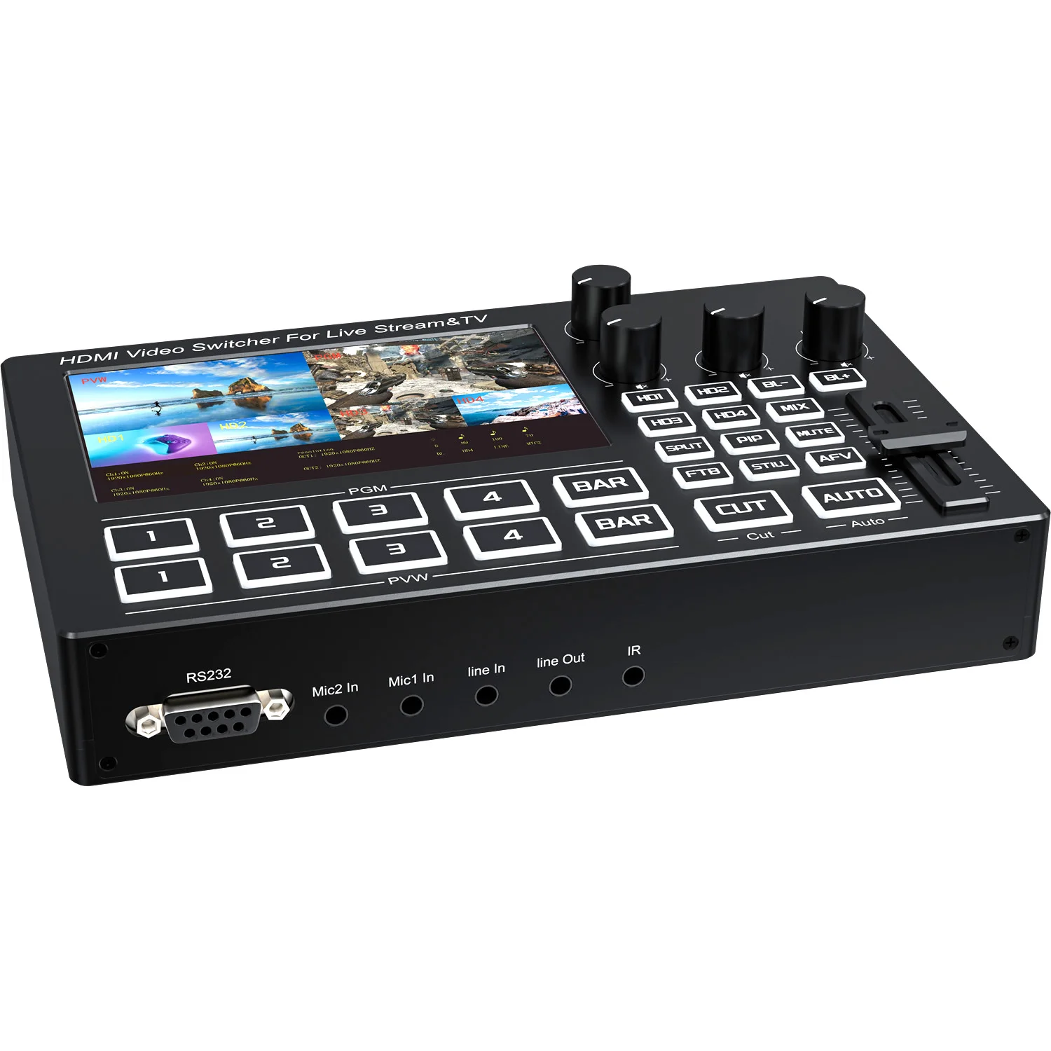 1080P 4 Channel HDMI Live Streaming Video Mixer Switch Live Broadcast Video Switcher with 5 Inch Screen Mic Line in Audio Mixing