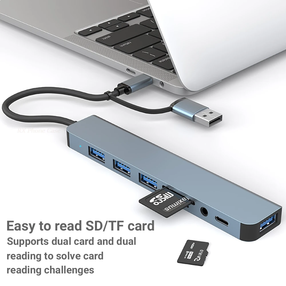 8 In 2 USB C Hub Expander Multiport Adapter Type C Splitter Dock USB 3 Port For Phone Samsung Tablet Fast Data Transfer Charging