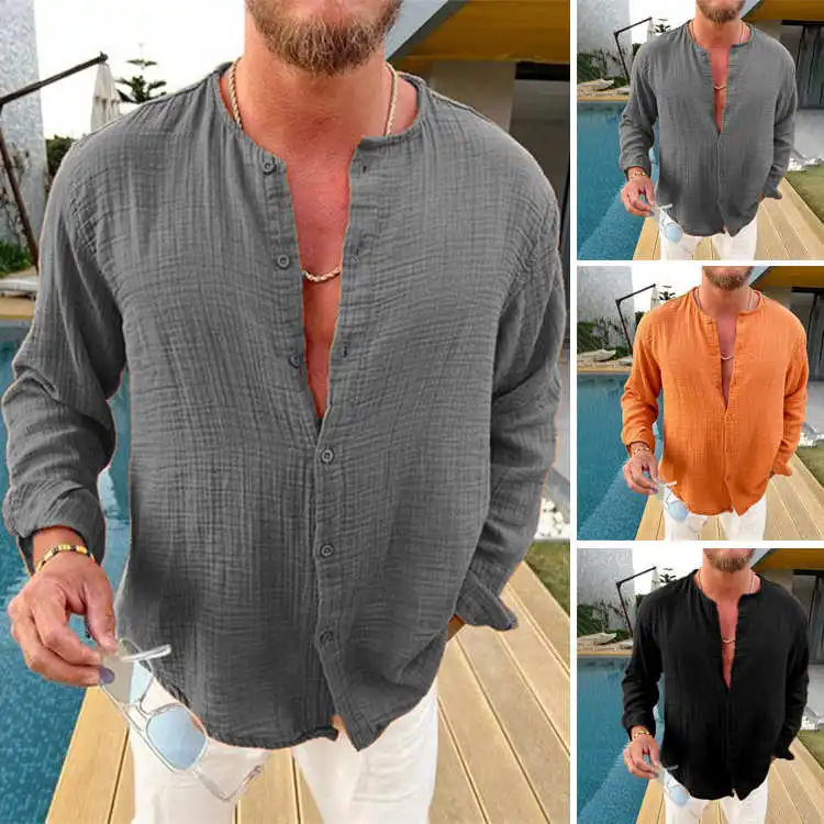 

Wrinkled Loose Fit Long Swedi irt with Stand Collar Ice Sensation Cotton Youth Faion oulder Width Loose Sle for Autumn