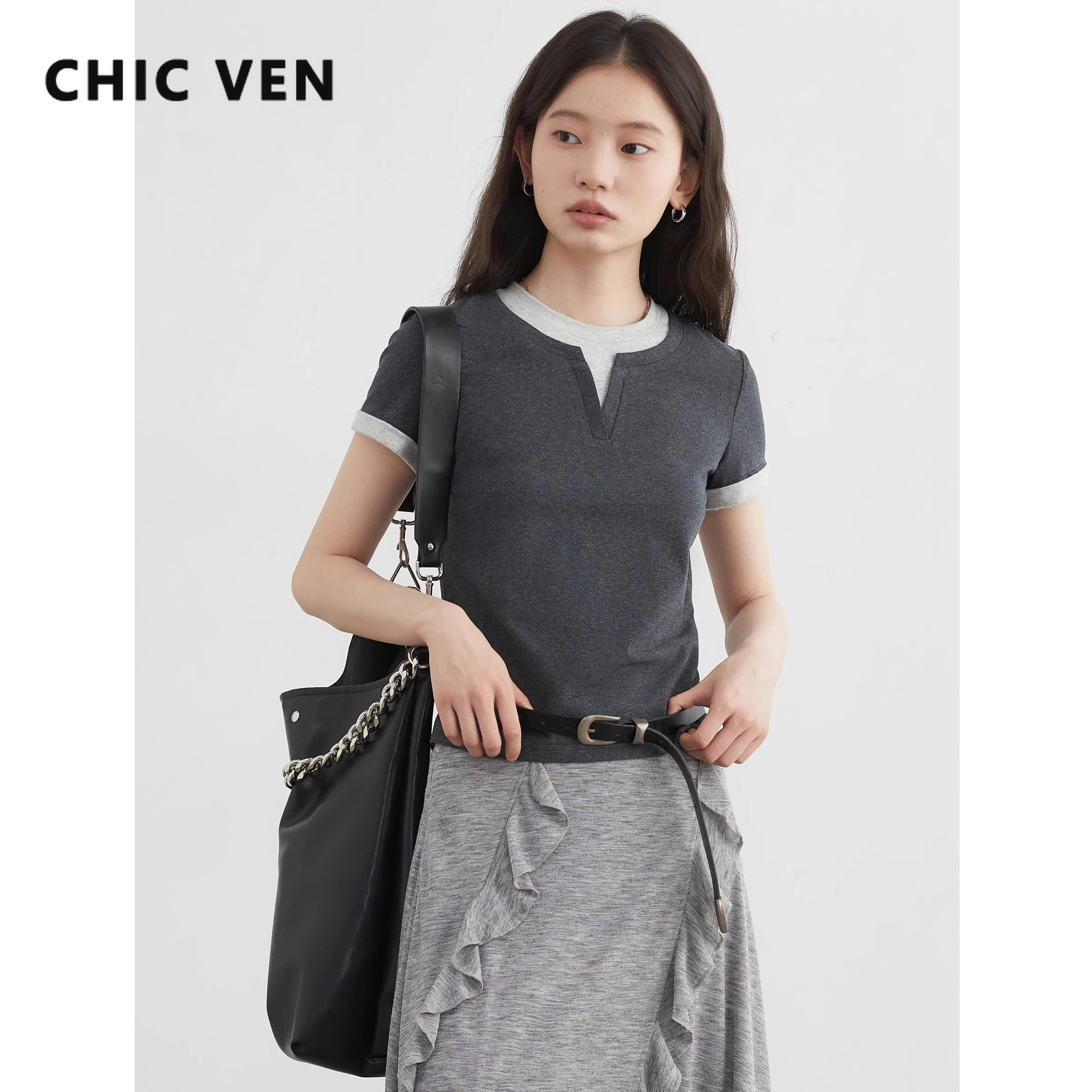 

CHIC VEN Women T-Shirts Loose Casual New Color Contrast Short Sleeved Tees Slim Female Top Summer 2025 Sports Clothing