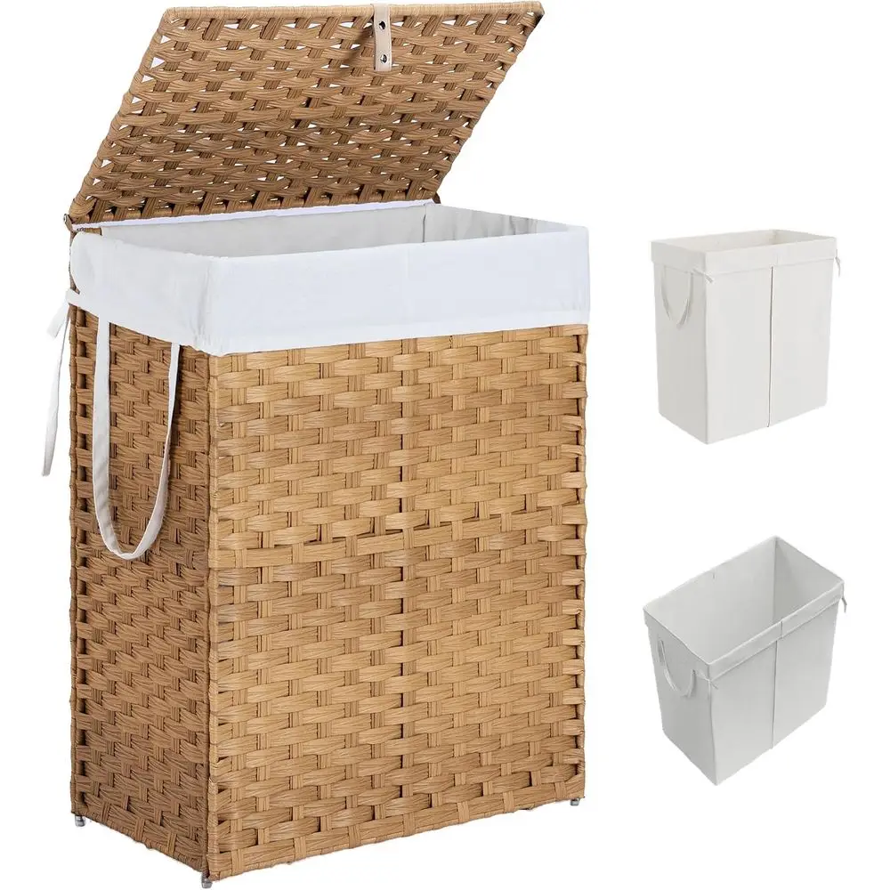 Collapsible Laundry Basket with Lid 90L Hamper or Bedroom PP Rattan Woven Laundry Basket Waterproo with Removable Bag&Handles, o