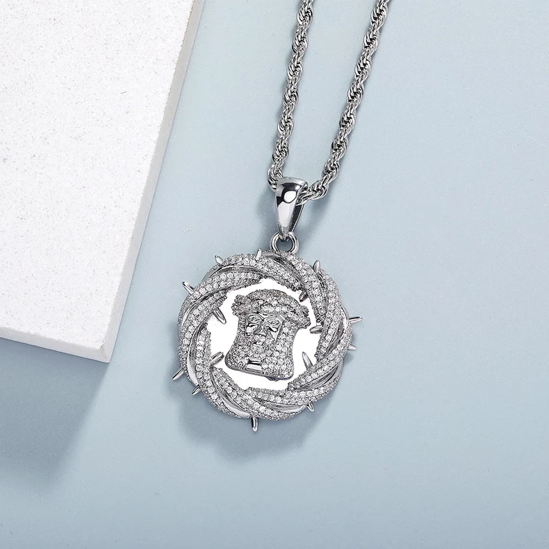 Hip Hop 5A+ CZ Stone Bling Iced Out Thorn Crown JESUS PIECE Round Pendant Necklace for Men Rapper Jewelry Gold Silver Color