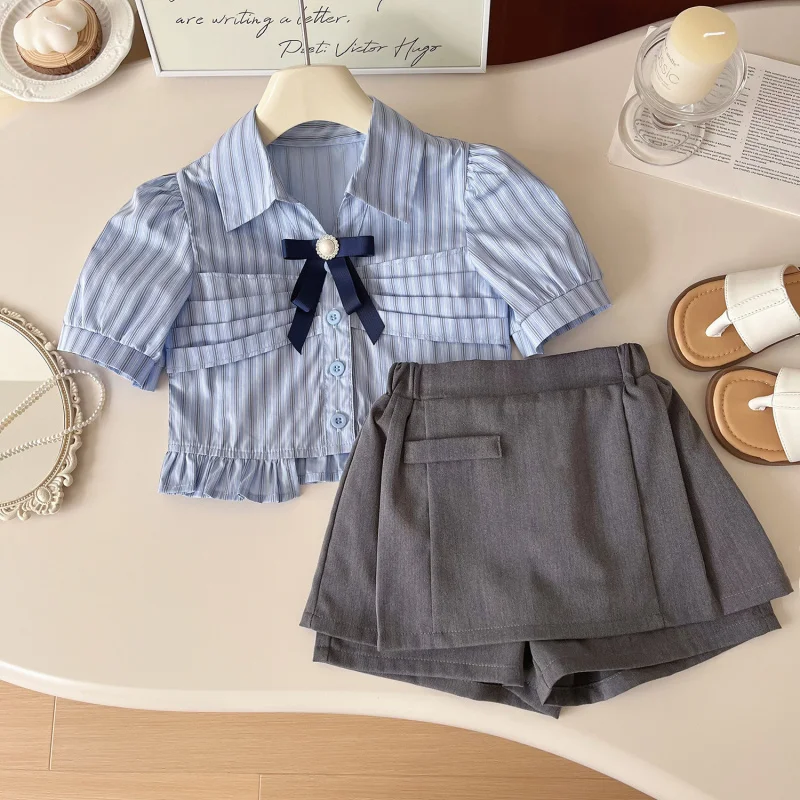 

Girls' Summer Outfit New Fashionable Elegant Casual Striped Shirt+Trendy Two-Piece Pants Set